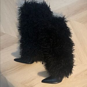 Fashion Nova Black Furry Heeled Boots